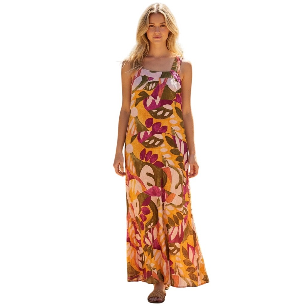 Vince Camuto Getaway Maxi Dress Ecru Olive Tropical Leaf Print 91325972 S